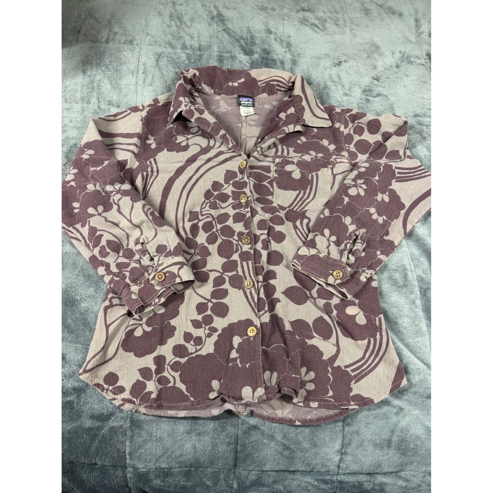 Patagonia Organic Cotton Floral Crinkle‎ Button Up Shirt Purple Womens 8 53245S6